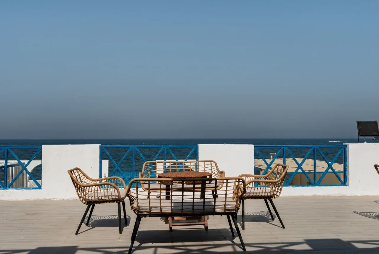 Terrace seating facing the sea
