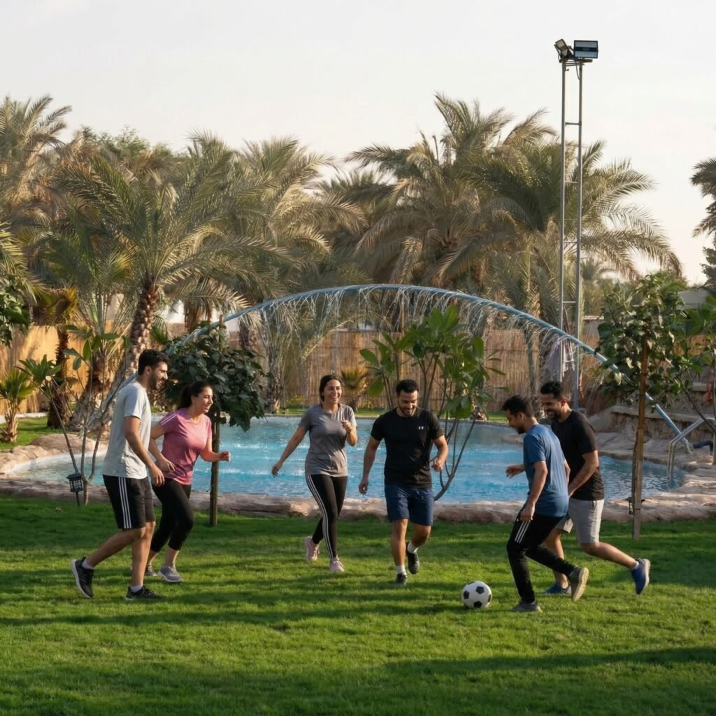 group of friend are playing football on the grass at al ali island