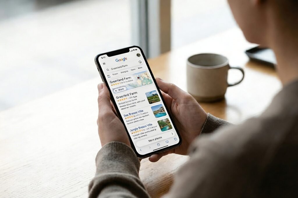 searching wedding venue on google with phone