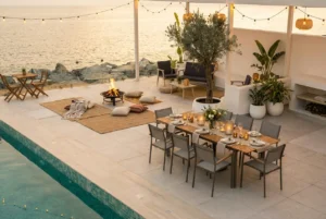 dinning table pool and bonfire at the sea villa